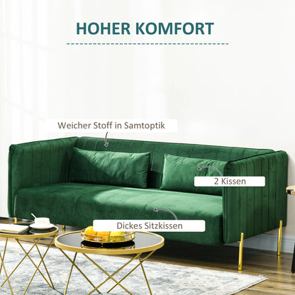 HOMCOM Sofa 3-Sitzer-Sofa Couch, inkl. 2 Kissen, Samtoptik, Retro-Design, abnehmbarer Bezug, 195 cm x 88 cm x 76 cm Grün