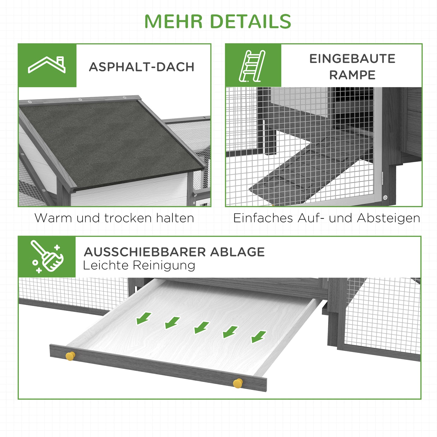 PawHut Hühnerstall Kleintierstall 2 Außengehege, 1 Nistkasten, 2 Rampen, Asphaltdach, wetterbeständig, Grau