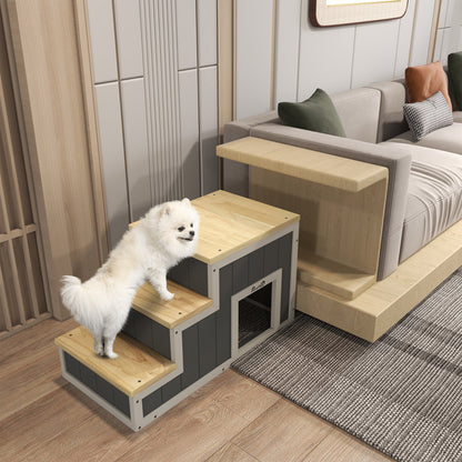 PawHut Haustiertreppe Hundetreppe, 3 Stufen, Kiefernholz, 79 cm x 38,5 cm x 45 cm, Natur + Weiß