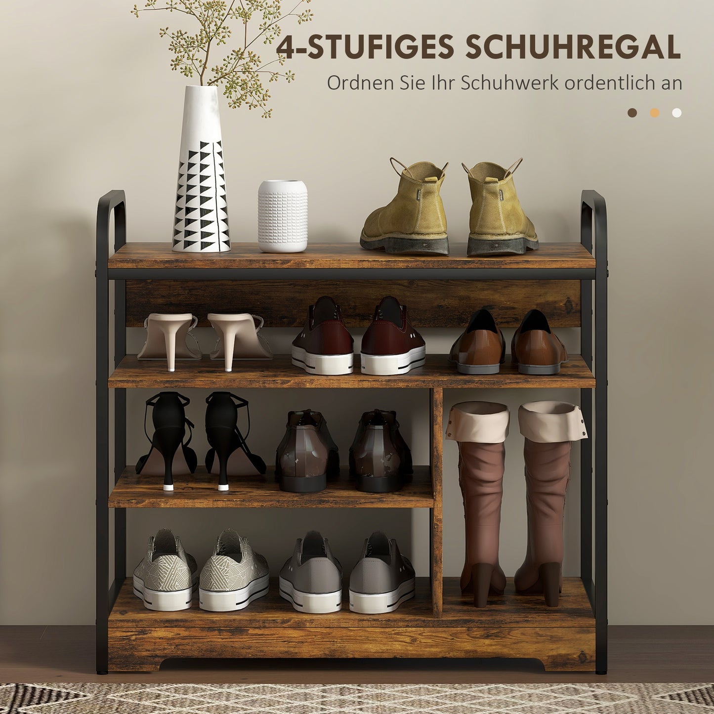 HOMCOM Schuhregal 4-stufig, offenes Design, Metallrahmen, verstellbare Füße, 70x30x65 cm, Braun/Schwarz