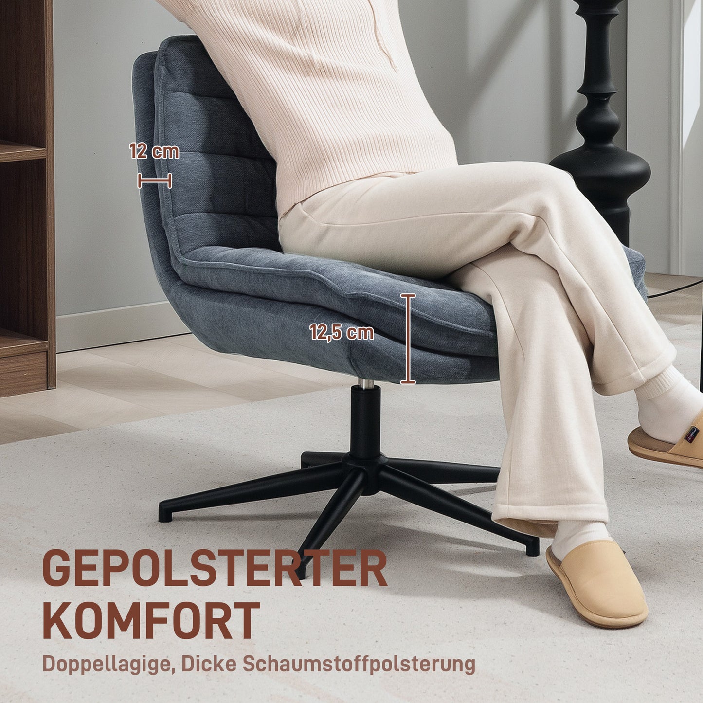 HOMCOM Drehbarer Bürostuhl mit breitem Sitz, Geräumiger Polsterstuhl fürs Büro, Arbeitszimmer, Dunkelgrau