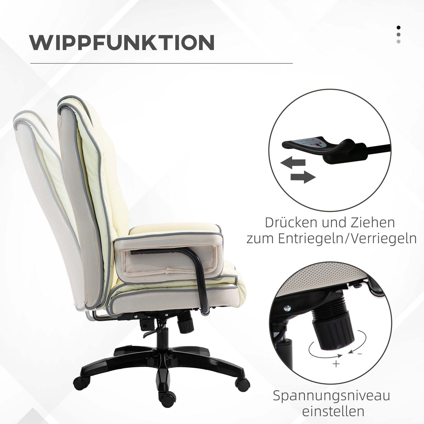 Vinsetto Ergonomischer Bürostuhl, extra gepolstert, Liegefunktion, Kunstleder, 76x80x118-124 cm, Creme