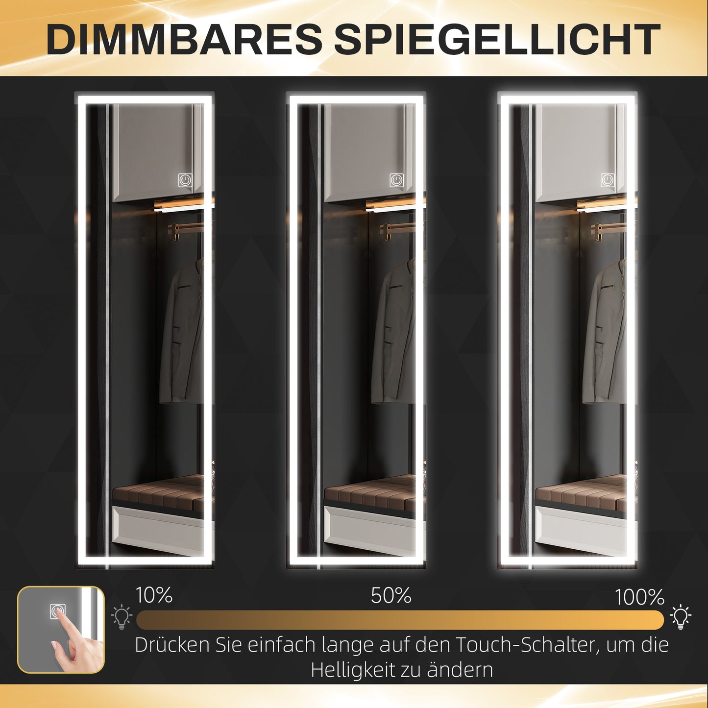 HOMCOM Ganzkörperspiegel mit LED, dimmbar, Touchsensor, Speicherfunktion, silber, 40x120 cm