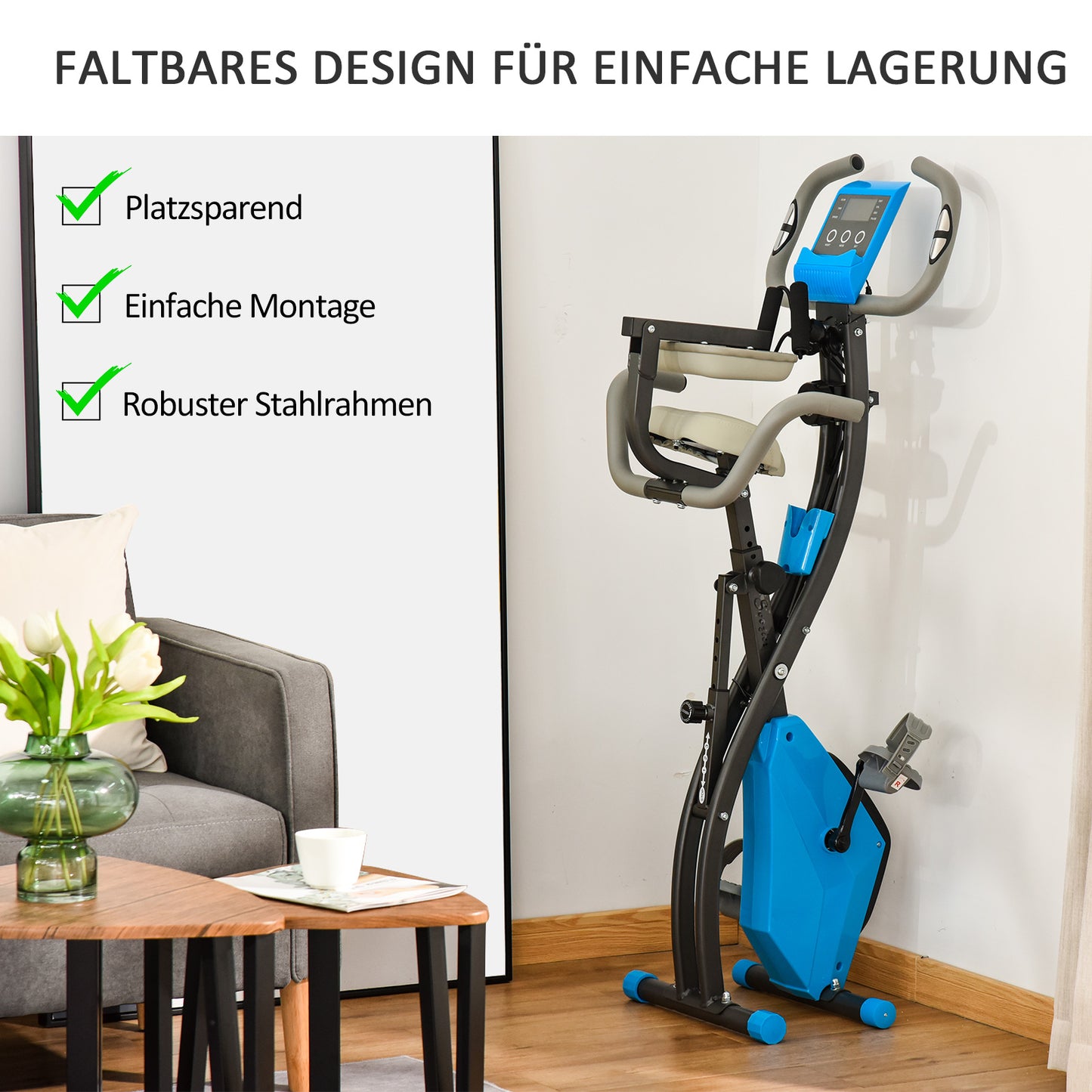 HOMCOM Heimtrainer X-Bike 2-in-1 Fahrradtrainer mit LCD-Display,Pulsmesser, klappbarer Hometrainer Trimmrad mit 8 stufig Magnetwiderstand, 1 Paar Spannseil, Stahl Blau 105x48x118 cm
