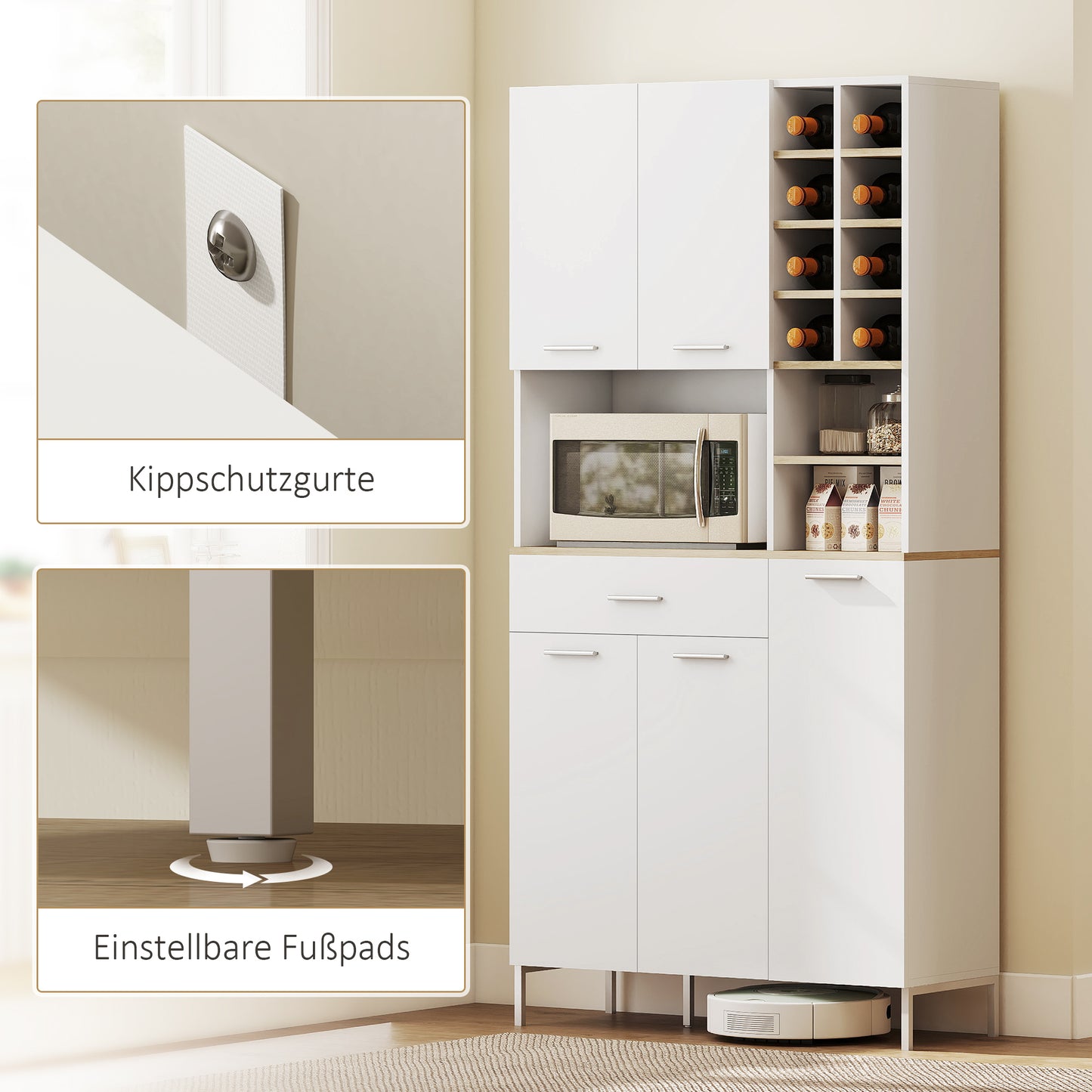 HOMCOM Küchenschrank mit offenen Regalen, Fächern, Weinregal, Vorratsschrank mit 5 Schranktüren, MDF, Weiß