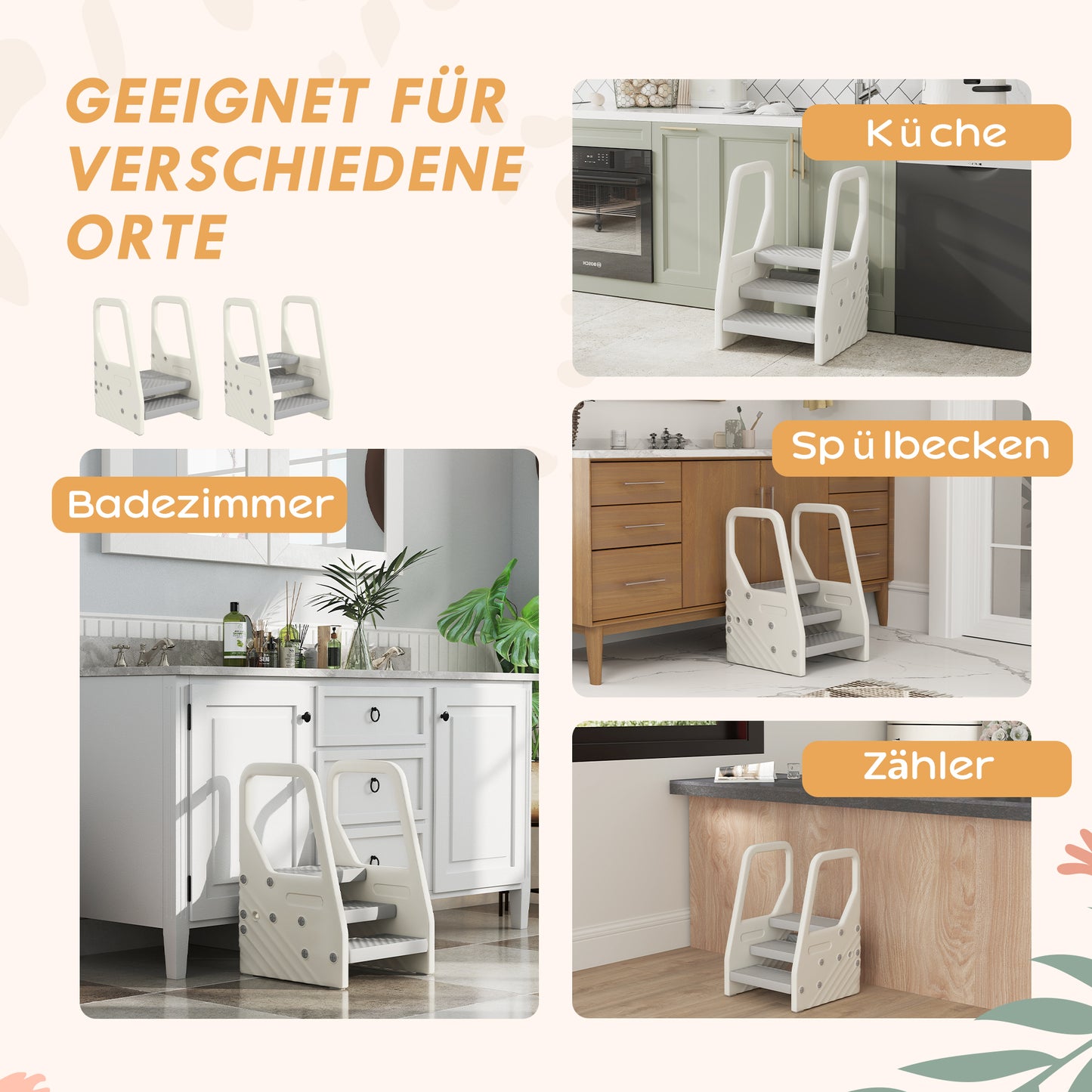 AIYAPLAY Kinder-Tritthocker, von 3 auf 2 Stufen verstellbar, mit Handgriff, Rutschfest, für verschiedene Räume, Kunststoff, Grau