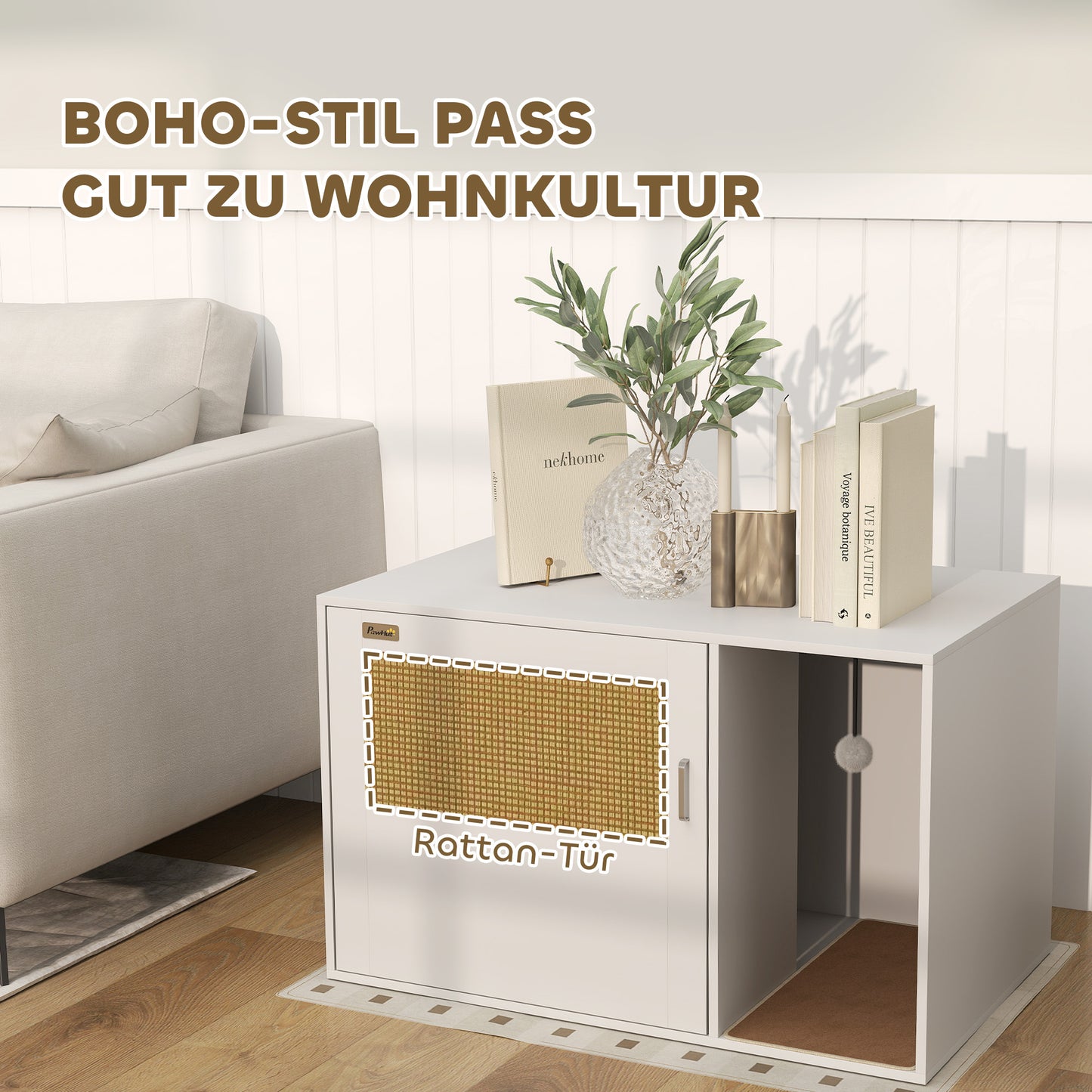 PawHut Katzenklo-Gehäuse, stilvoll, mit Kratzmatte, Rattantür, 80 x 50 x 50 cm, Weiß