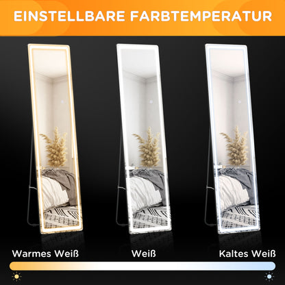HOMCOM 2 in 1 Standspiegel mit LED-Licht, freistehend, Aluminium, einstellbares Licht, 40 cm x 37 cm x 157,5 cm
