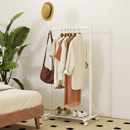 HOMCOM Kleiderständer mit Rolle, mobiler Garderobenständer mit Kleiderstange, 5 Haken, Schuhregal Weiß