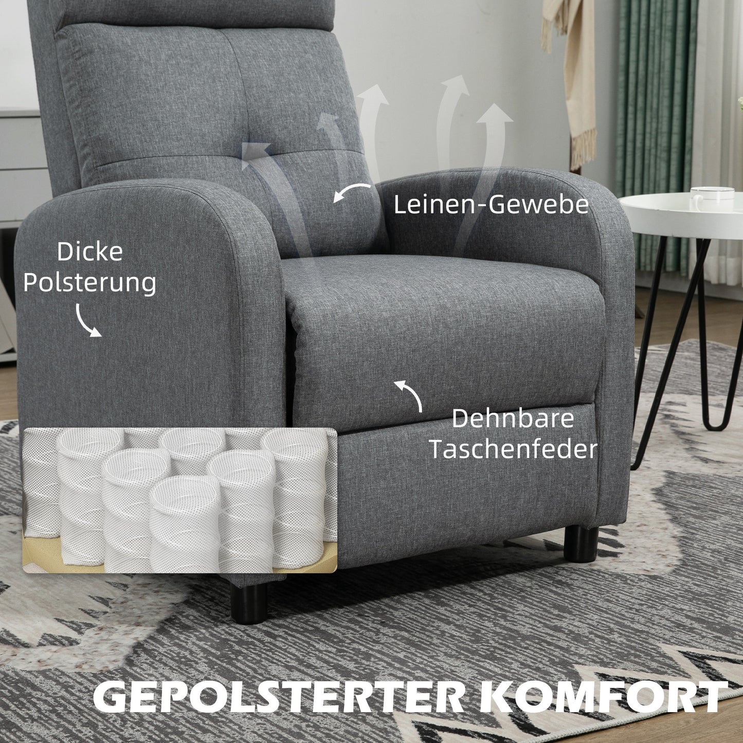 HOMCOM Relaxsessel mit Liegefunktion, ausfahrbares Fußteil, Taschenfederkern, bis 150 kg, Grau