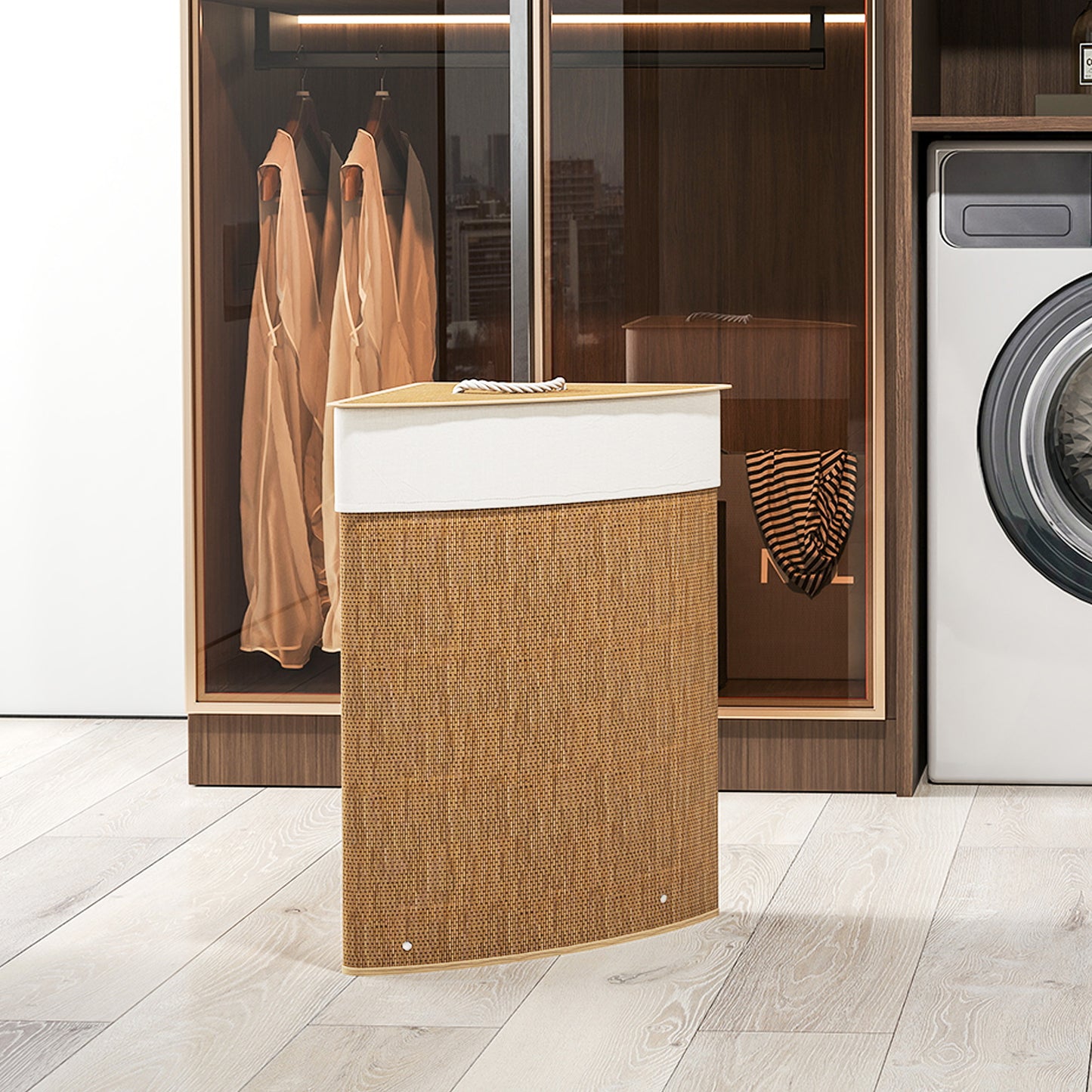 HOMCOM Wäschekorb im Eckdesign, Bambusgeflecht, 55 Liter, Stoffbeutel, Metallrahmen, Braun