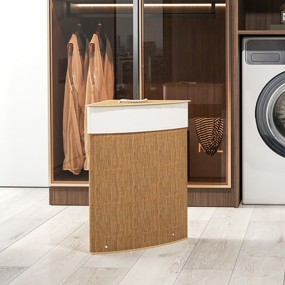 HOMCOM Wäschekorb im Eckdesign, Bambusgeflecht, 55 Liter, Stoffbeutel, Metallrahmen, Braun