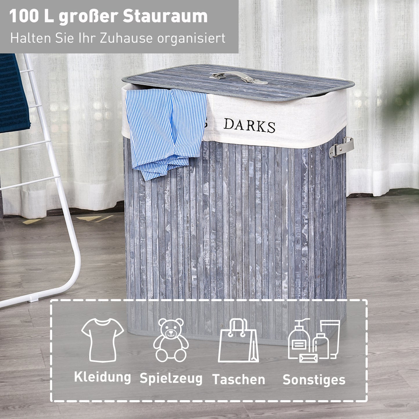 HOMCOM Bambus Wäschekorb mit Deckel 100 L Wäschesammler mit PU-Griffen, Wäschesack aus Segeltuch, Laundry Baskets Wäschesortierer für Waschküche Schlafzimmer Badezimmer Grau