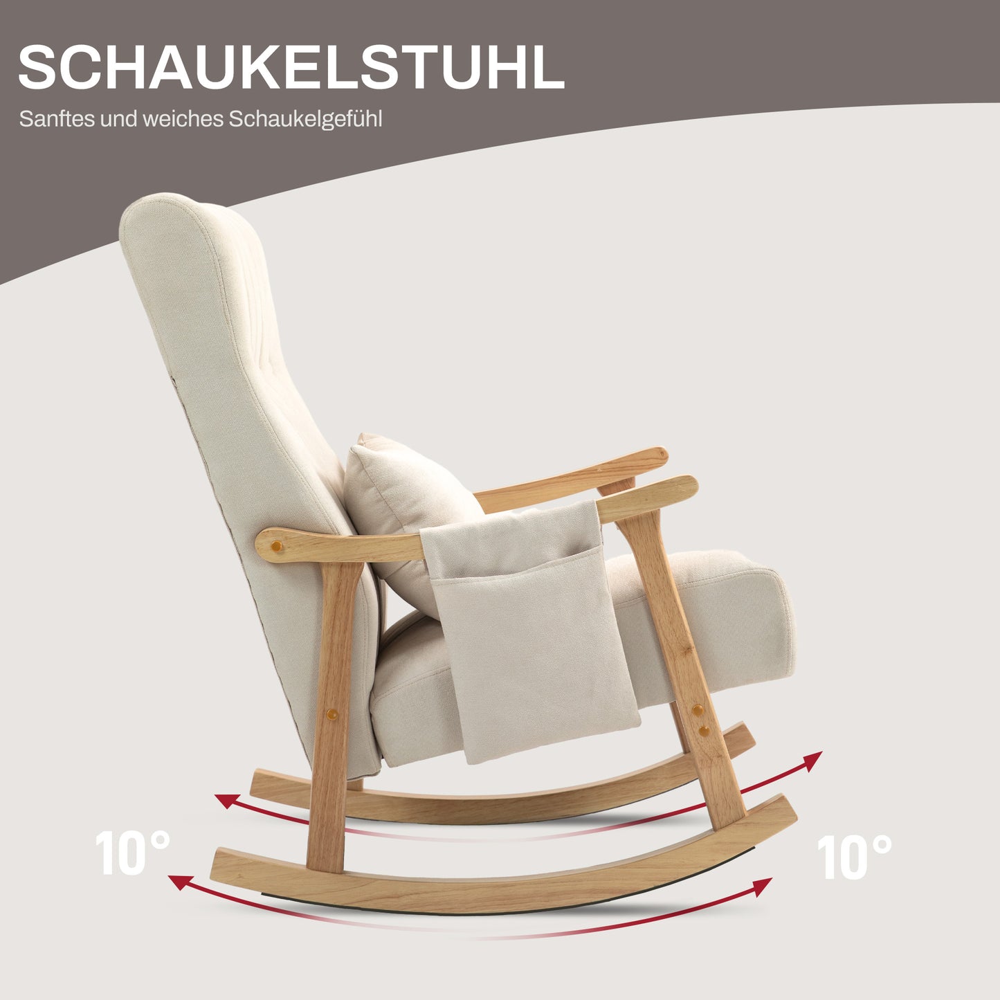 HOMCOM Schaukelstuhl mit Nierenkissen, breiter Sitz, Kautschukholzrahmen, bis 120 kg, Beige