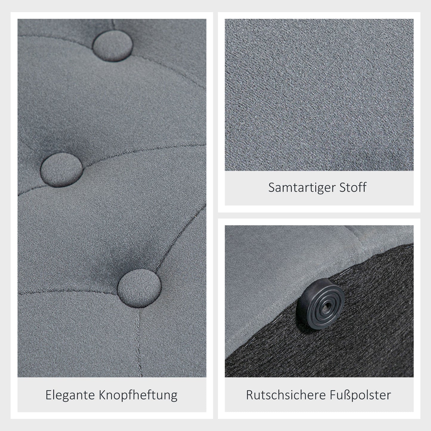 HOMCOM Hocker, rund, mit Staufach, Steppdesign mit Knöpfen, Bezug in Samtoptik, grau, 60 x 60 x 40cm