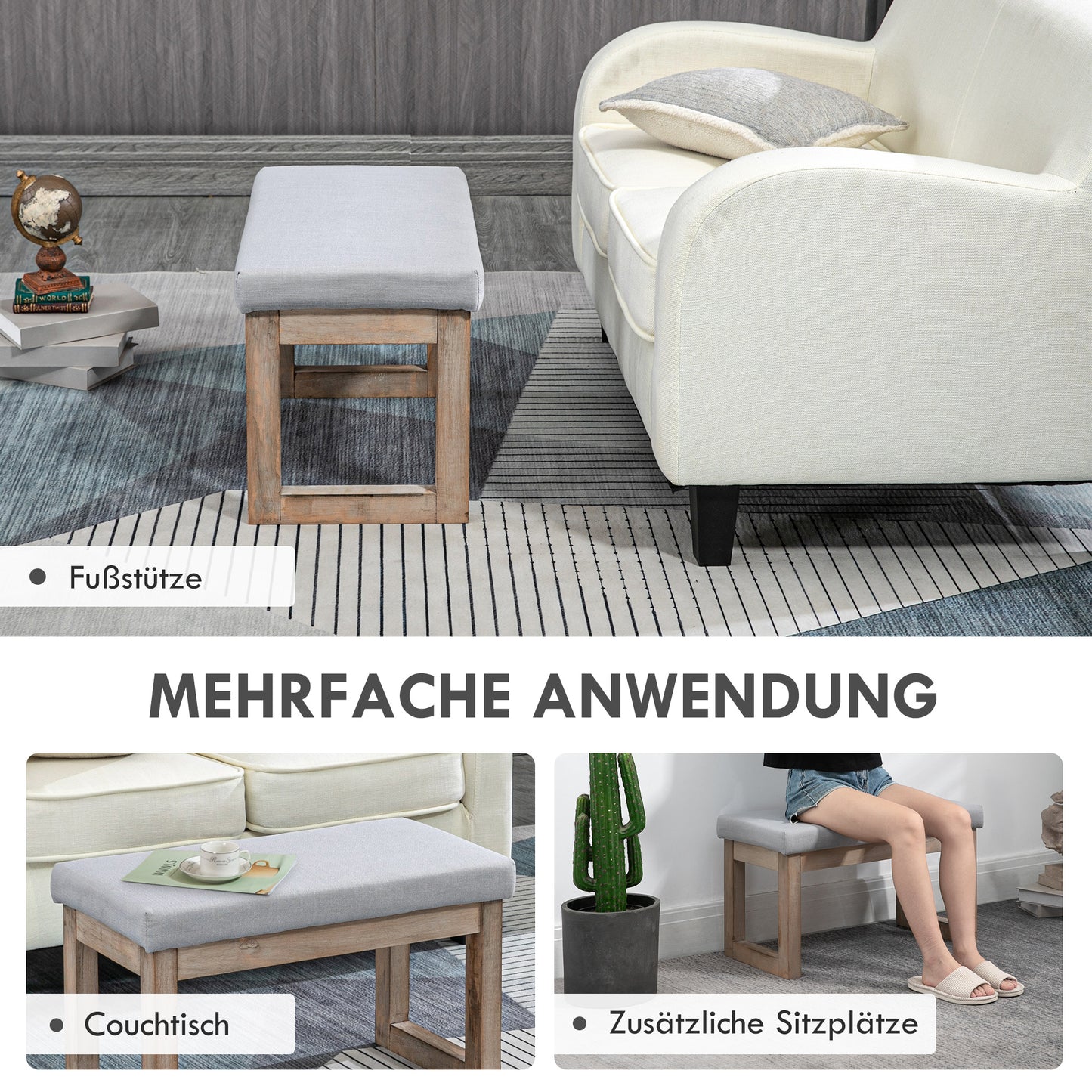 HOMCOM Fußbank im Skandi-Design, Sitzhocker, Fußhocker, 68 cm x 38 cm x 42 cm, Grau + Natur