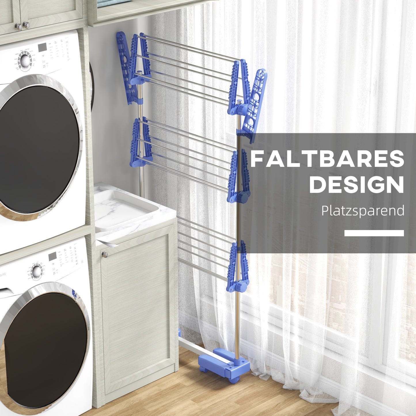 HOMCOM Wäschenständer Wäschetrockner. 4 Ebenen, klappbar, One-Klick-System, 142 cm x 55 cm x 152 cm Blau + Silber
