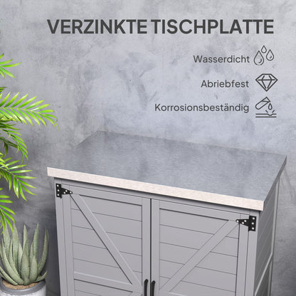 Outsunny Gartenschrank, Außenschrank mit Arbeitsfläche, Werkzeugschrank, Massivholz, Stahl, 79B x 43T x 92H cm, Grau