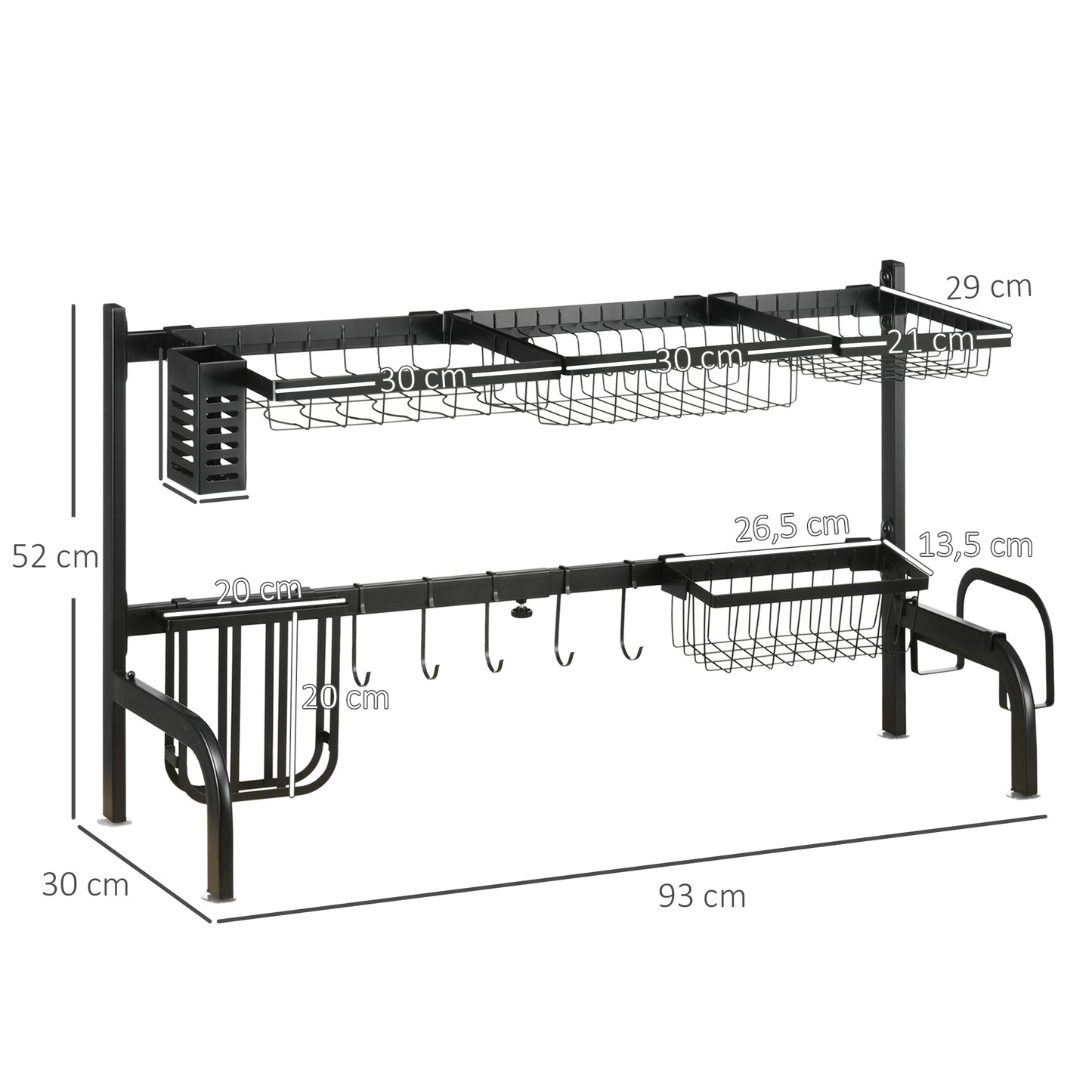 HOMCOM Abtropfgestell, längenverstellbar 51-93 cm, viele Elemente, flexible Anordnung, 93 x 30 x 52cm, schwarz