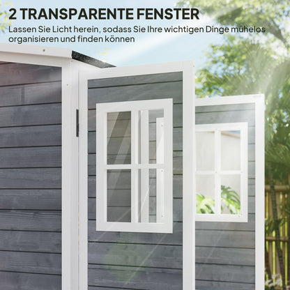 Outsunny Gartenlagerschuppen, Werkzeugschuppen mit 2 Fenstern, Bodenpfähle, Asphalt-Dach, 91 x 69 x 192 cm, Tannenholz, Hellgrau