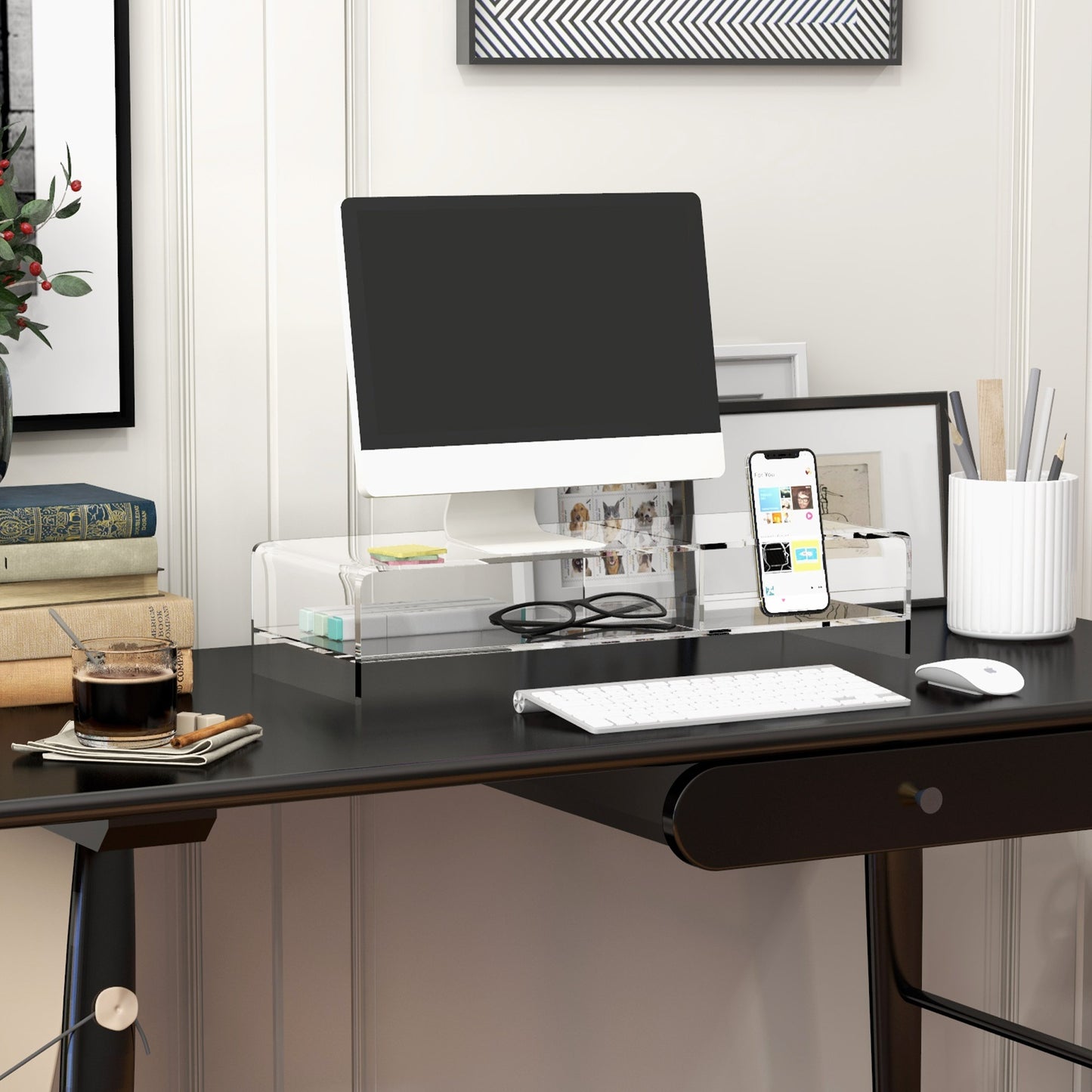 HOMCOM Monitorständer mit Tastaturfach, transparent, für Monitore bis 24 Zoll, 2 Etagen, Acryl, 50,8 x 19 x 12 cm