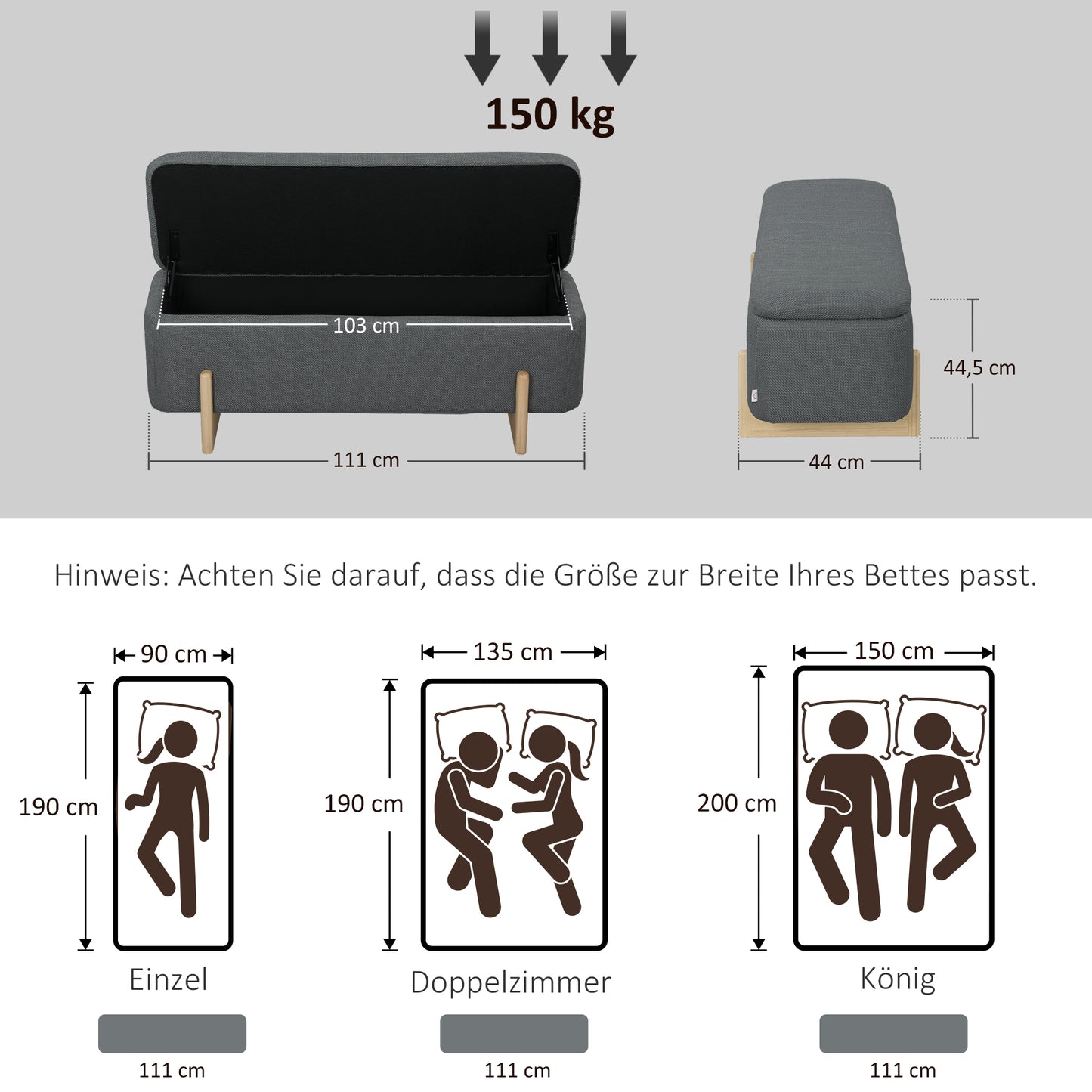HOMCOM Hocker mit Stauraum, Sitzbank mit Schaumstoffpolsterung, Leinenimitat, 111 x 44 x 44,5 cm, Dunkelgrau