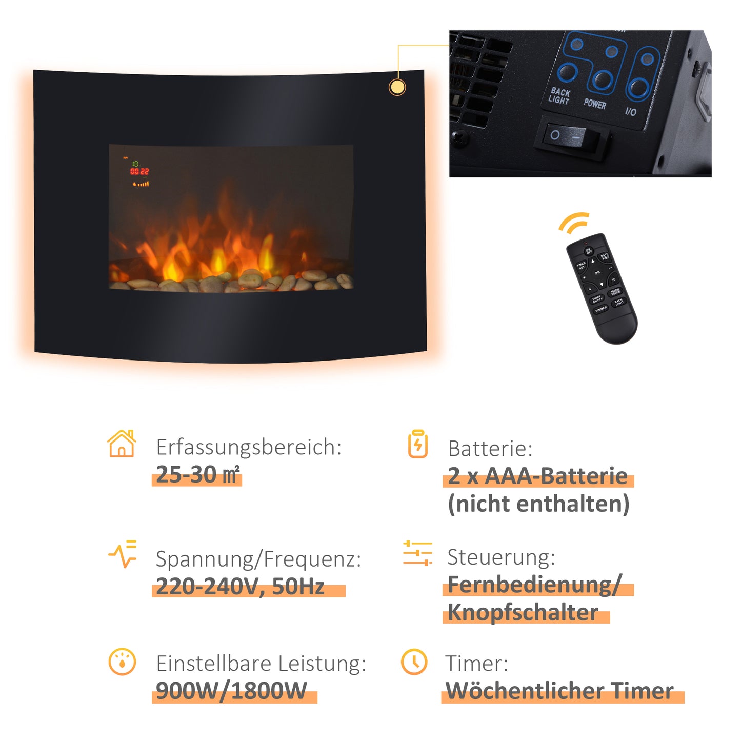 HOMCOM Elektrokamin Kamin Kaminofen Elektrischer Wandkamin 65 x 11,4 x 52cm