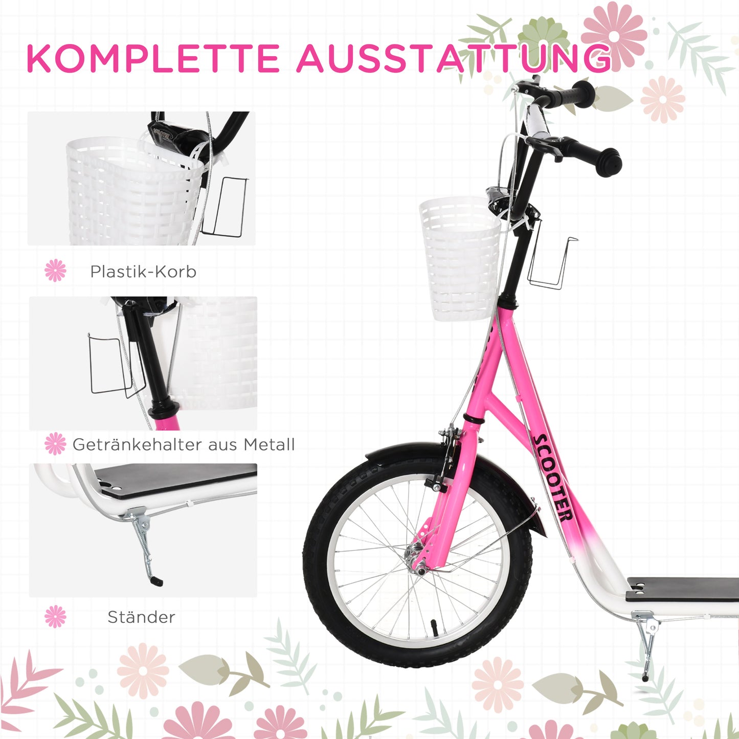 HOMCOM Kinderroller Tretroller mit Bremse, inkl. Korb, höhenverstellbar, für Kinder von 5 bis 12 Jahren, Weiß + Pink