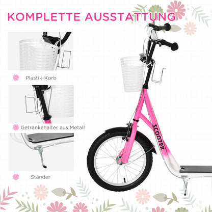 HOMCOM Kinderroller Tretroller mit Bremse, inkl. Korb, höhenverstellbar, für Kinder von 5 bis 12 Jahren, Weiß + Pink