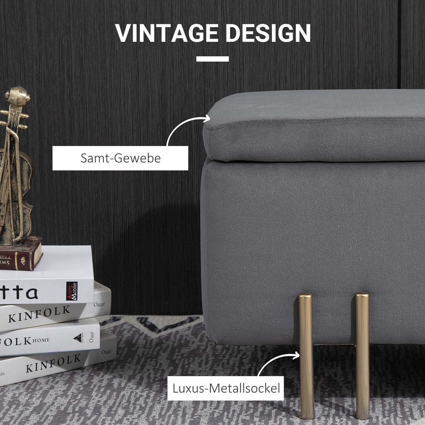 HOMCOM Sitzbank mit Stauraum Polsterbank mit Samtoptik, Sitztruhe mit Metallbeine, Truhenbank für Wohnzimmer Schlafzimmer Flur 100 x 40 x 42 cm, Dunkelgrau