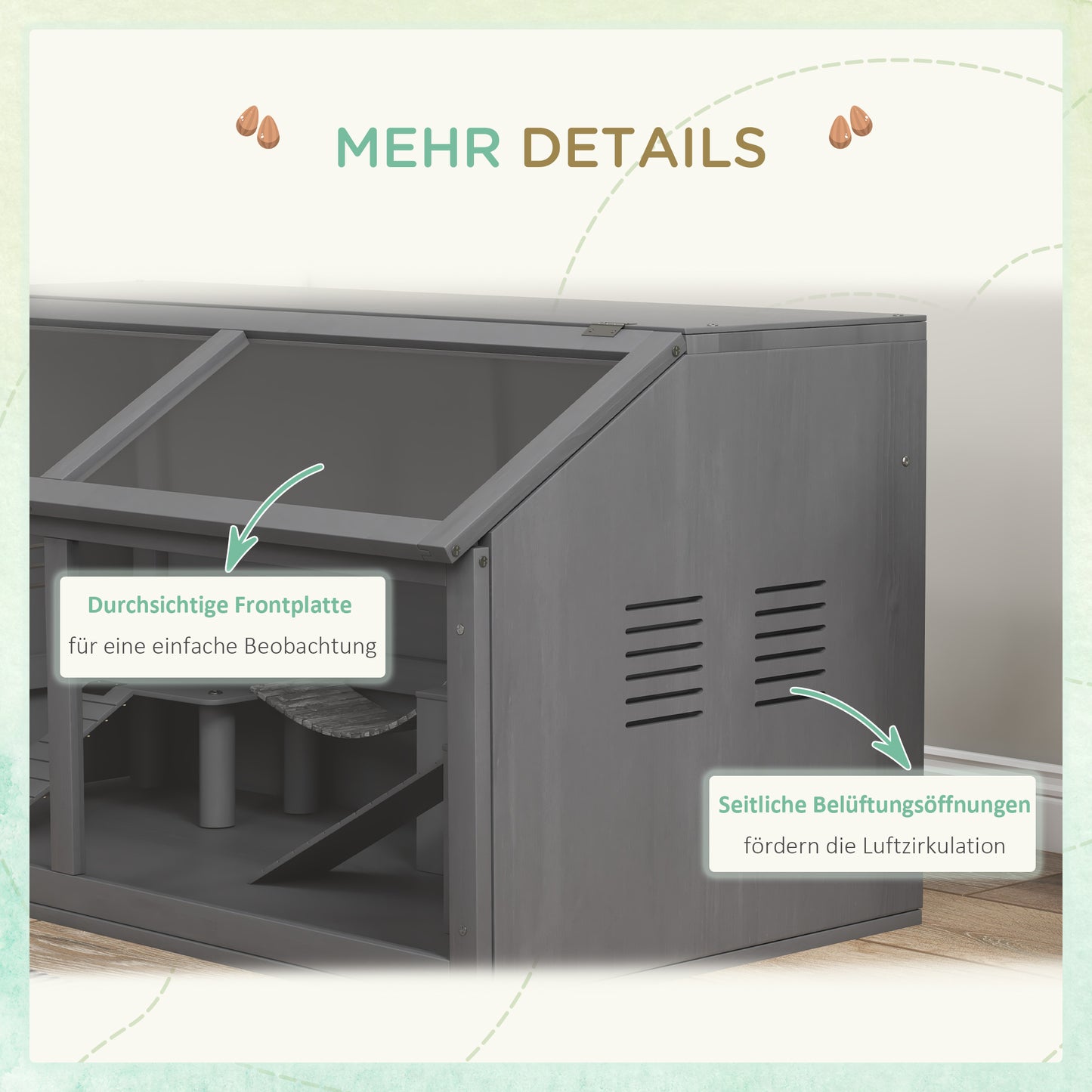 PawHut Kleintierkäfig Nagerkäfig, mit Zubehör, Tannenholz,100 cm x 52 cm x 50 cm, Grau