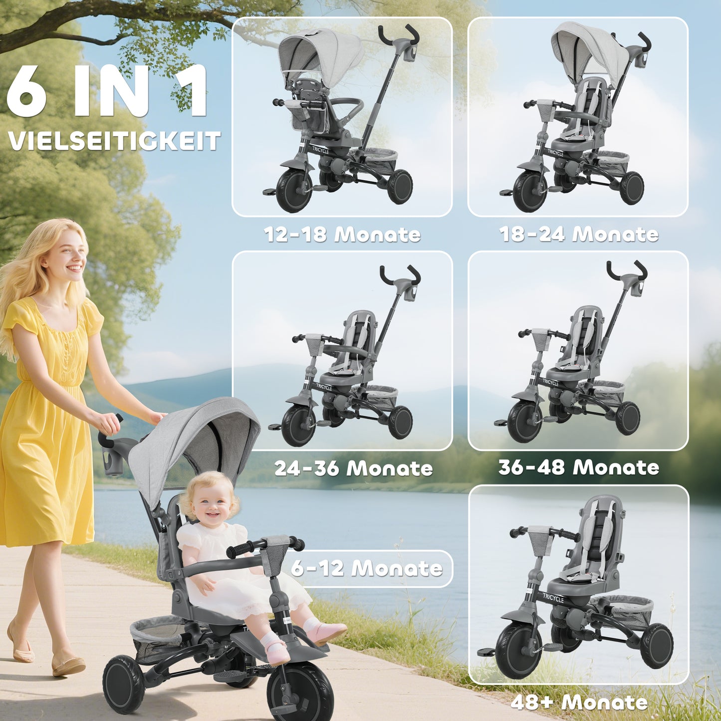 AIYAPLAY Kinderdreirad, 6-in-1 Buggy für Kleinkinder, mit Schiebegriff, verstellbarer Sitz, faltbares Design, Sicherheitsnetz, Grau