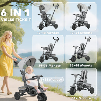 AIYAPLAY Kinderdreirad, 6-in-1 Buggy für Kleinkinder, mit Schiebegriff, verstellbarer Sitz, faltbares Design, Sicherheitsnetz, Grau