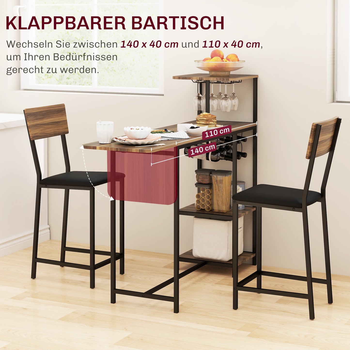 HOMCOM 3-teiliges Bartisch-Set, 1 Bartisch, 2 Stühle, mit Weinregal, Glashalter, Offene Regale, Fußstützen, Braun