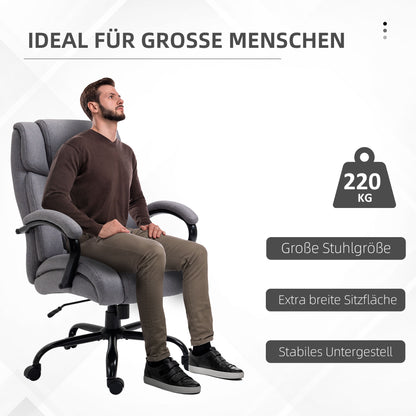 Vinsetto Bürostuhl, Ergonomischer Chefsessel bis 220 kg belastbar, Gepolsterter Schreibtischstuhl mit Armlehne, breit Sitz, Höhenverstellbarer Drehstuhl mit Wippfunktion, Leinenoptik, Hellgrau