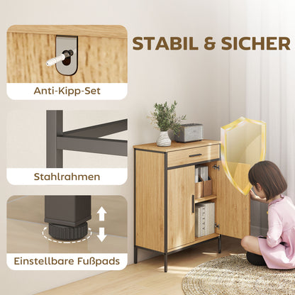 HOMCOM Badezimmerschrank, zweistufige Regale, große Schublade, Industriestil, Eichenoptik
