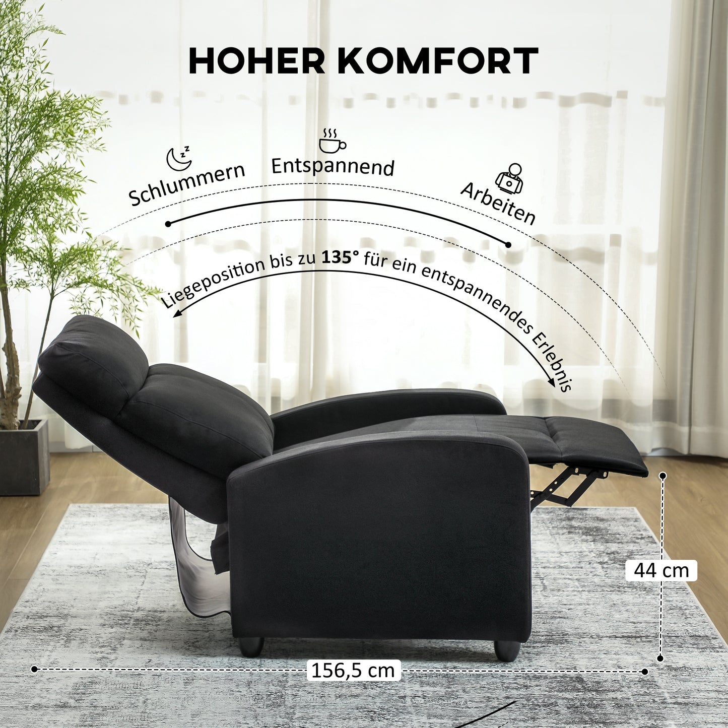 HOMCOM Relaxsessel, verstellbar 135°, ausziehbare Fußstütze, gepolsterte Lehnen, Leinen-Polyester, Schwarz