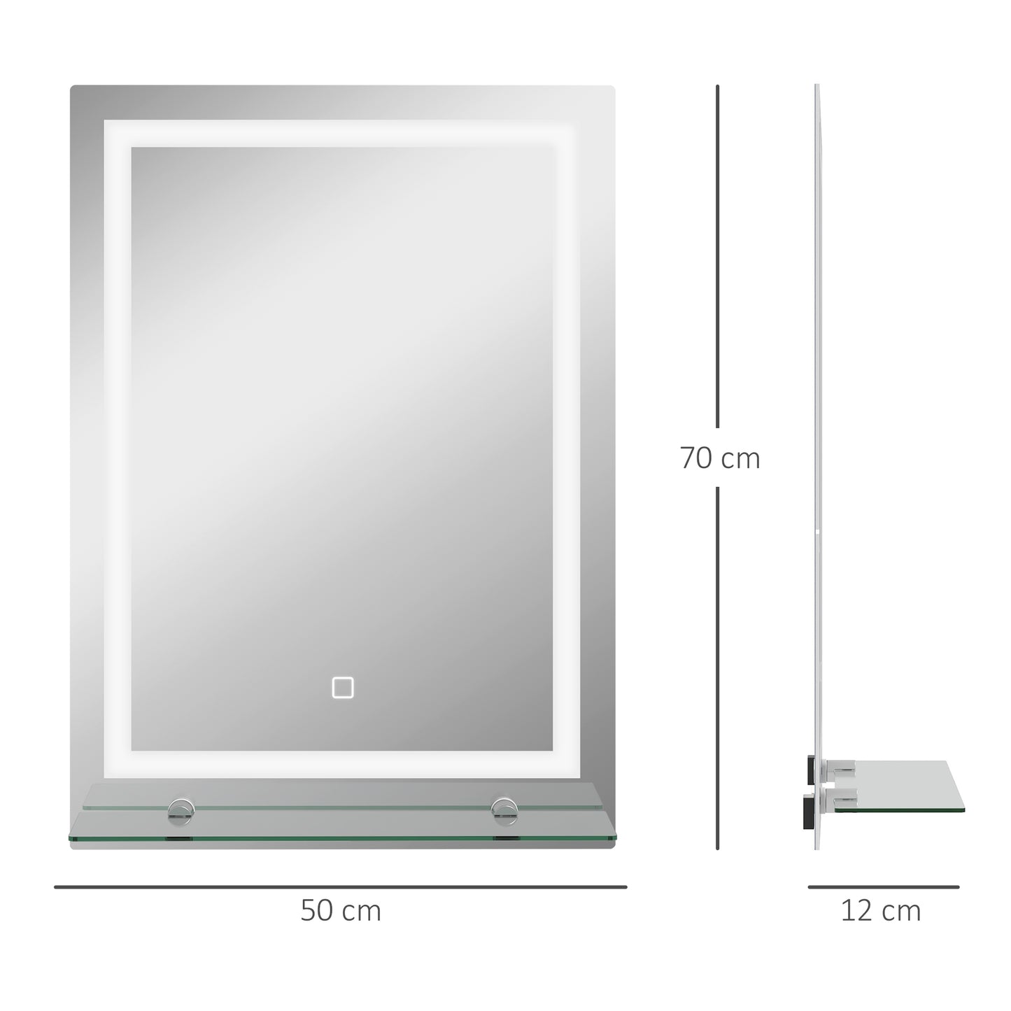 kleankin LED-Badspiegel, dimmbar, Anti-Beschlag, Touch-Schalter, Ablage, 50 x 70 cm, Silber