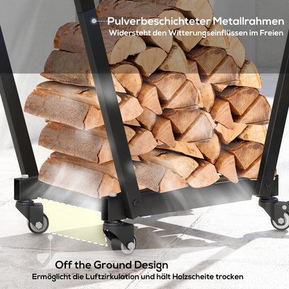 Outsunny Feuerholzgestell, trapezförmiges Design, pulverbeschichteter Metall, mobil mit Rollen, 79 x 30 x 81 cm, Schwarz