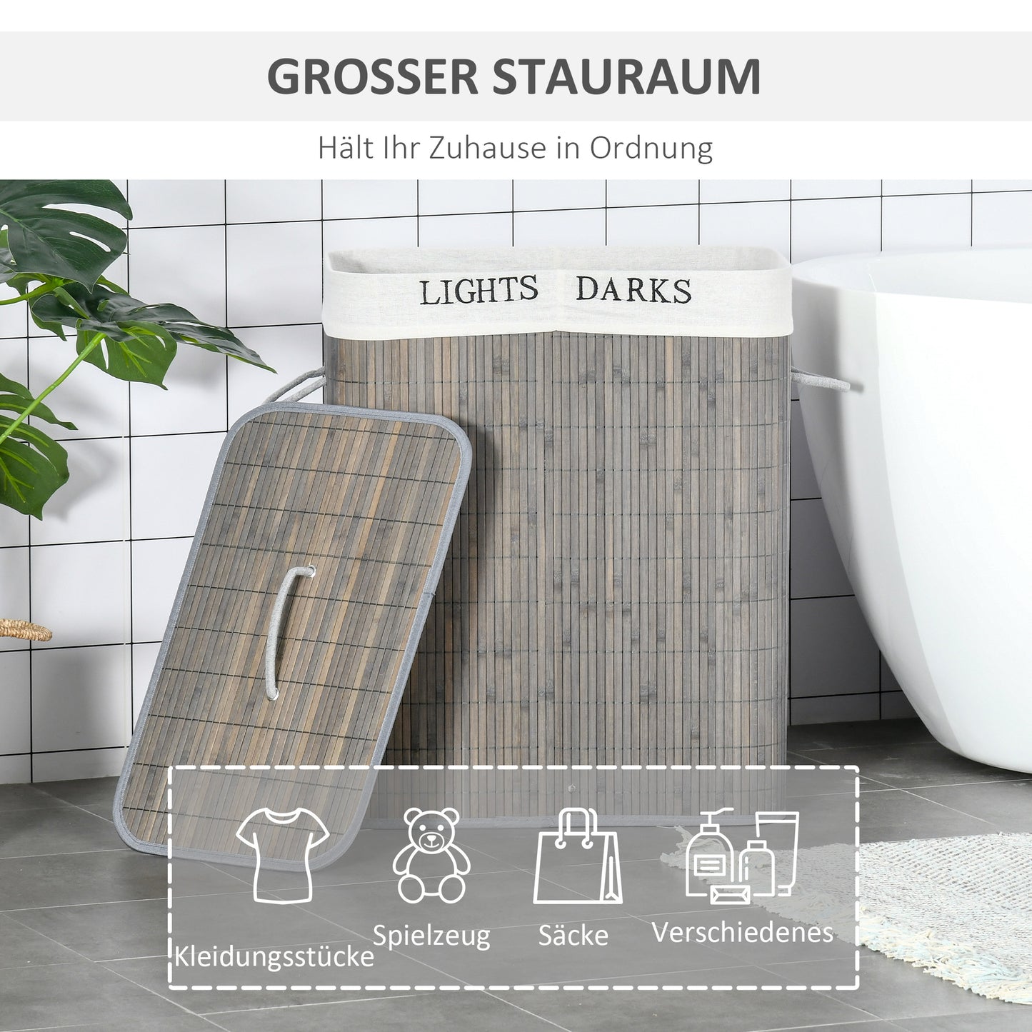 HOMCOM 100L Wäschekorb mit 3 Griffen, mit waschbarem Wäschesack, Bambus, Polyester, Baumwolle, Metall, 52 x 32 x 63 cm, Grau