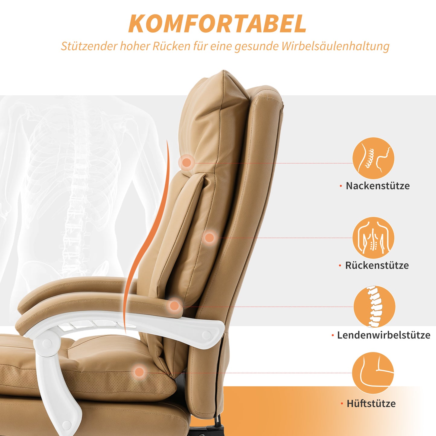 HOMCOM Bürostuhl Ergonomischer Schreibtischstuhl mit Lendenwirbelstütze, Klappbar Armlehne, Fußstütze Hellbraun