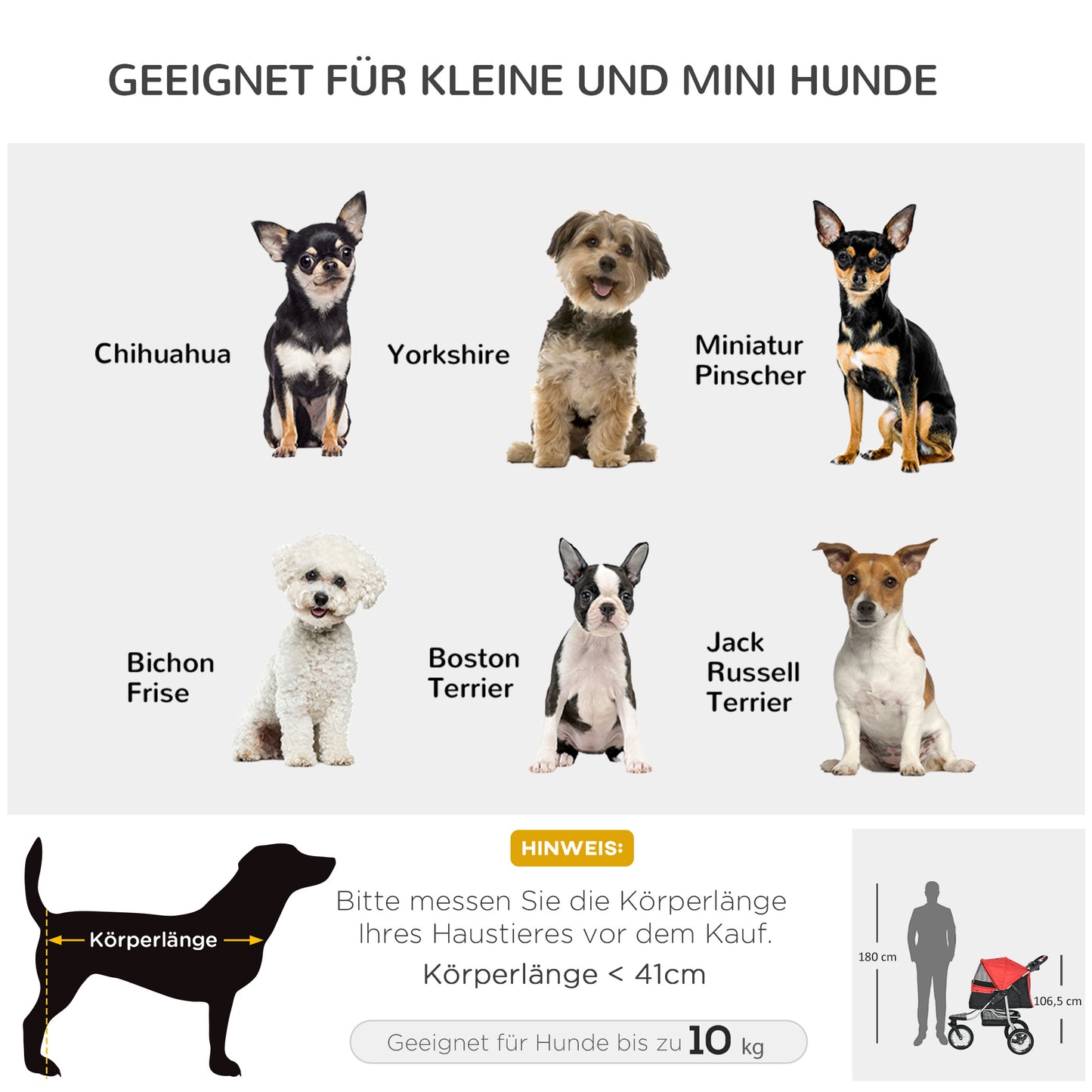 PawHut Hundewagen Hundebuggy mit 3 Rädern klappbar bis 10 kg Oxford Rot+Schwarz 109,5 x 54,5 x 106,5 cm