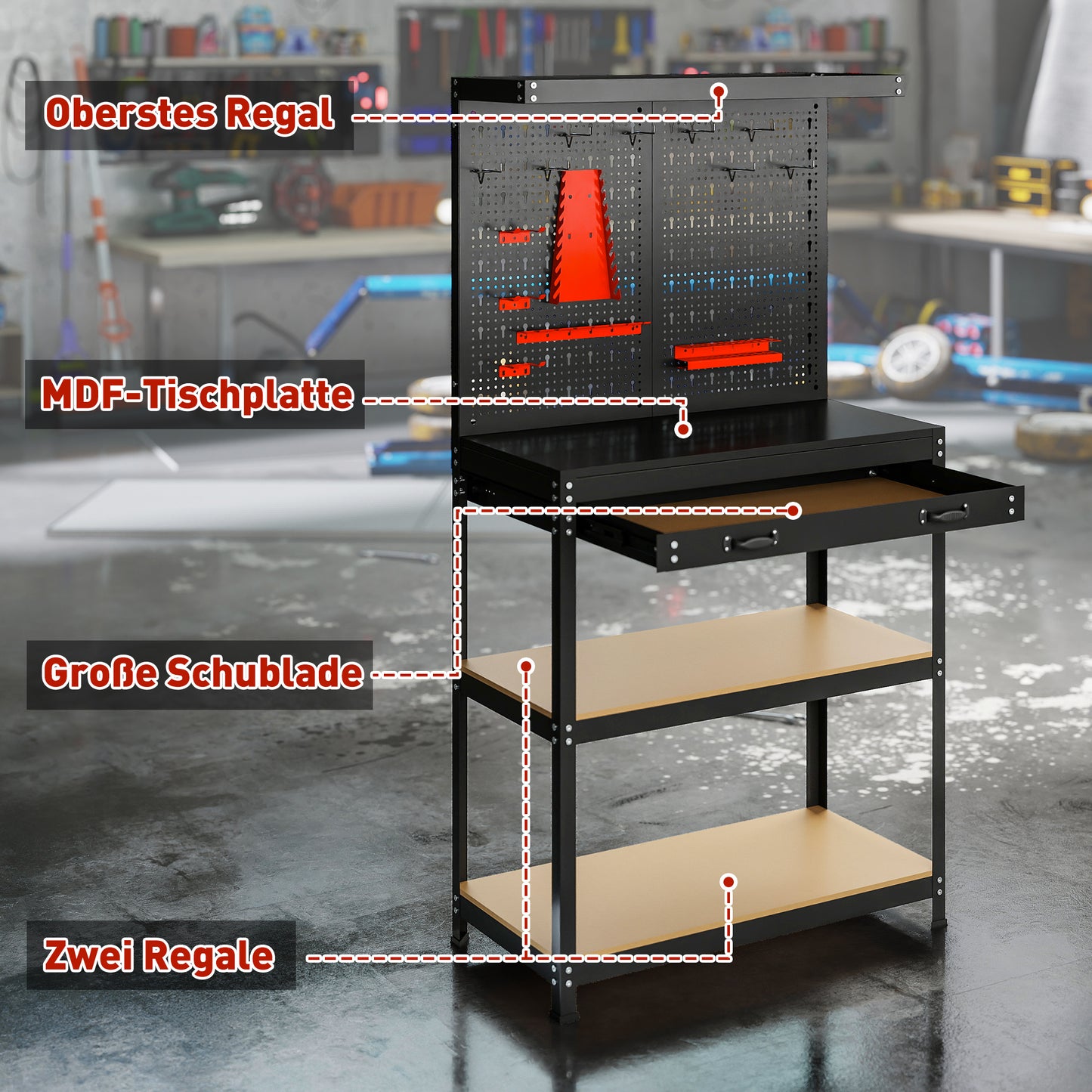 HOMCOM Werkbank 80 x 40,5 x 155 cm Werkzeugbank mit Lochwand, Haken, Schublade, 2 Ablagen für Werkstatt Schwarz