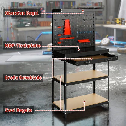 HOMCOM Werkbank 80 x 40,5 x 155 cm Werkzeugbank mit Lochwand, Haken, Schublade, 2 Ablagen für Werkstatt Schwarz