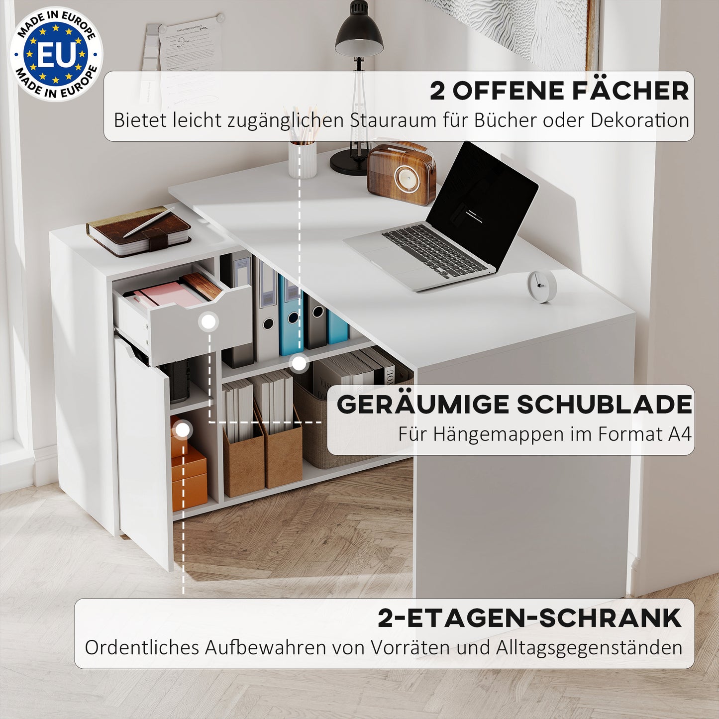 HOMCOM Flexibler Schreibtisch, 2-stufiger Schrank, Schublade, offene Fächer, Holz, Weiß