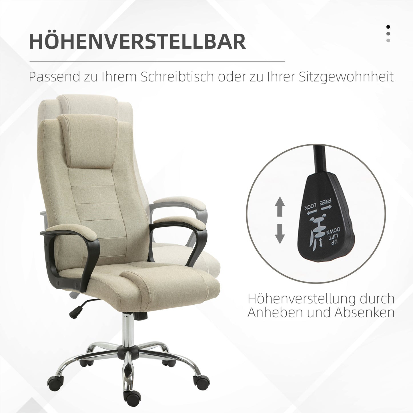 Vinsetto Bürostuhl i Leinenoptik, höhenverstellbar, Wippfunktion, 5 Rollen, Beige