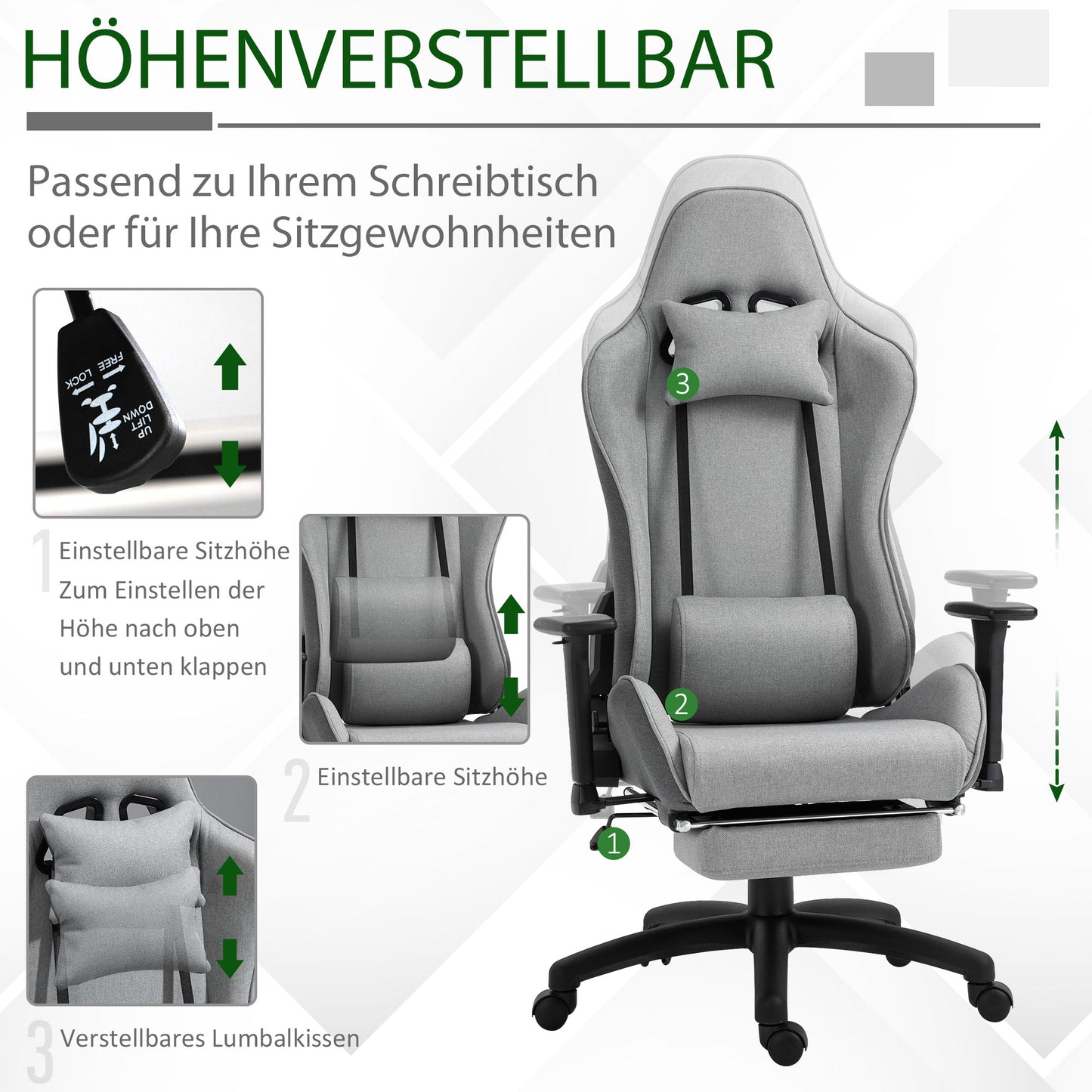 Vinsetto Bürostuhl Computerstuhl Drehstuhl mit abnehmbarem Kopf- und Lendenkissen Wippenfunktion ergonomischer Schreibtischstuhl drehbar höhenverstellbar mit Fußstütze PP Grau 73x57x127-135 cm