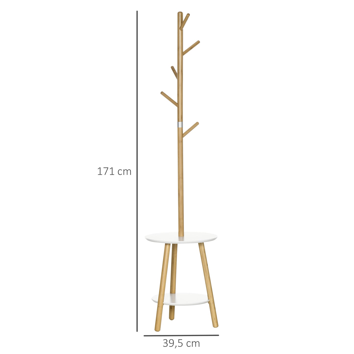 HOMCOM Garderobenständer mit Beistelltisch im Skandi-Design, 5 Kleiderhaken, 39, 5 cm x 39,5 cm x 171 cm, Natur + Weiß