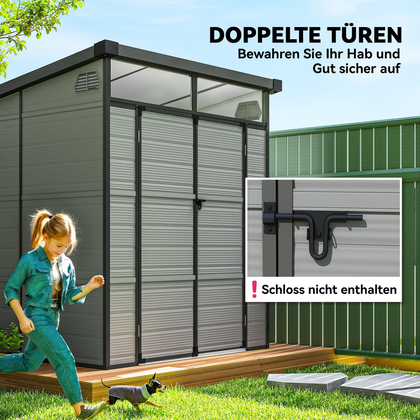 Outsunny 1,9 x 1,9 m Gartenschuppen, Werkzeugschuppen aus Kunststoff , verschließbare Türen, 2 Lüftungsöffnungen, Hellgrau