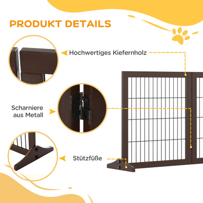 PawHut Absperrgitter Hund Freistehendes Schutzgitter mit Füßen 185 x 71 cm Holz Hundegitter Treppenschutzgitter Treppengitter Hundeabsperrgitter für Treppen, Türen, Küche, Flur, 3 Panelen, Braun